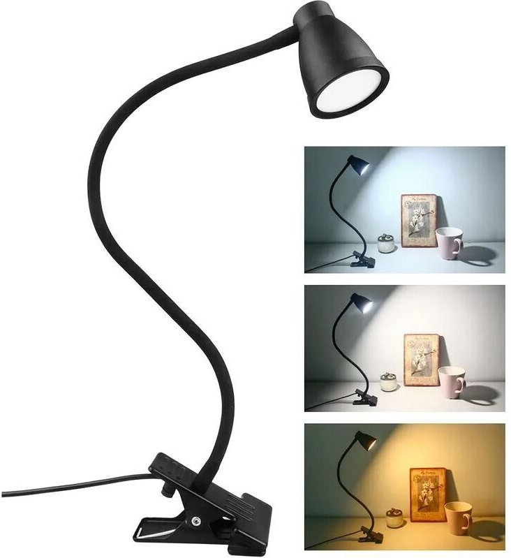 LED-Klemmtischlampe, 3 Farben, 5 einstellbare Helligkeitsstufen, USB-Klemmtischlampe, 360° flexibles Leselicht mit Augen...
