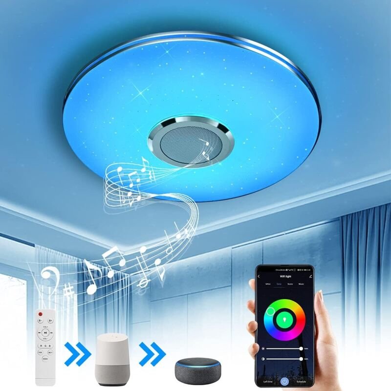 LED-Deckenleuchte mit WLAN-Lautsprecher, RGB-Deckenleuchte mit Fernbedienung und APP-Steuerung, kompatibel mit Alexa Goo...