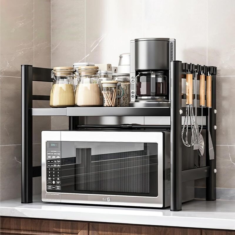Ausziehbarer 2-stöckiger Mikrowellen-Ablagekorb mit 6 Haken, ausziehbar von 40 bis 64 cm, für Küchenregale, Schwarz
