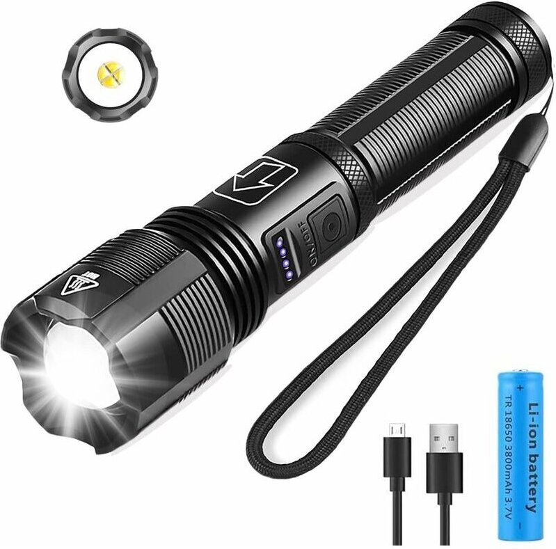 Er-siice - LED-Taschenlampen -XHP50 3000 Lumen- mit wiederaufladbarem 18650-Akku, 3800 mAh/Zoom/Wasserdicht/5 Helligkeit...