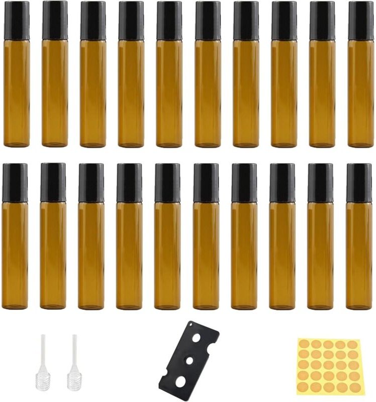 20er Set Braune 10ml Glasflaschen mit Roll-on Edelstahl-Kugeln für ätherische Öle, inkl. Pipetten & Etiketten