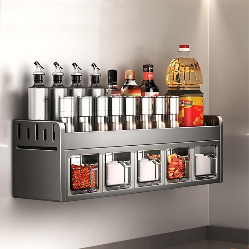 Wandmontiertes Gewürzregal ohne Bohren mit 5 Gewürzgläsern, Gewürzorganizer, Metall-Wandregal zur Aufbewahrung von Gewür...