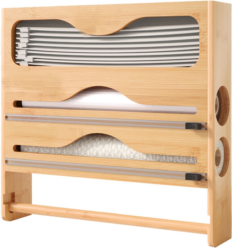 Relaxdays Wandrollenhalter 4 in 1, Küchenrolle, Frischhalte-, Alufolie, Gefrierbeutel, Bambus, HBT: 33x34,5x7 cm, natur