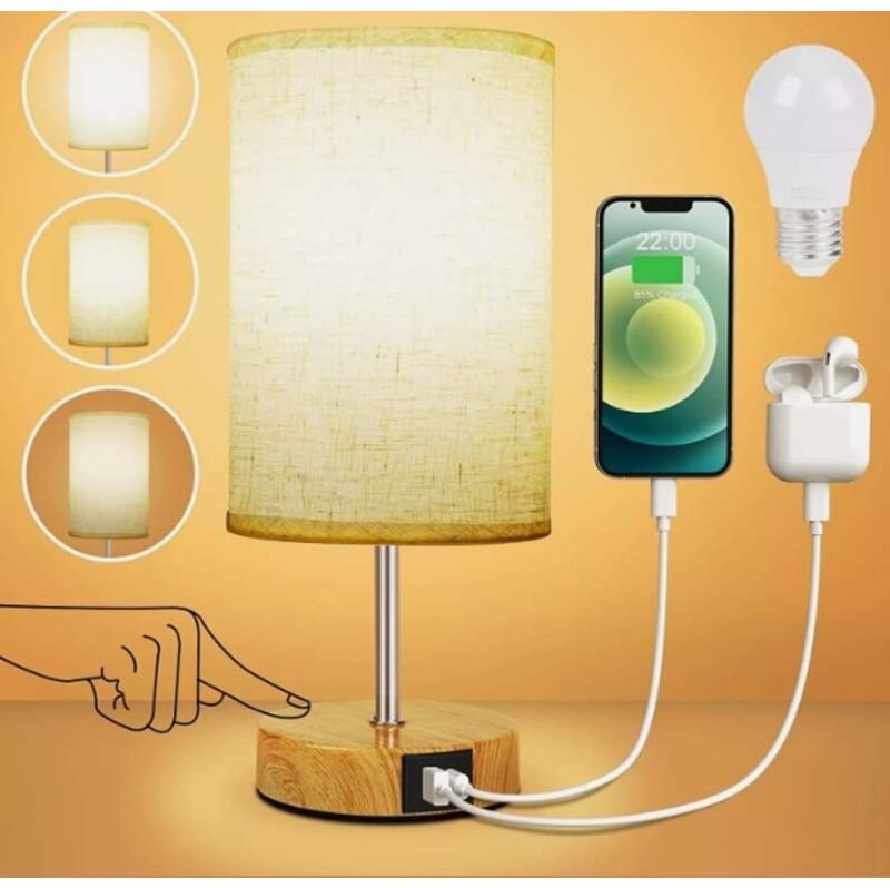 Touch Nachttischlampe 1er Set mit USB-A + USB-C Ladeports, 3-fach dimmbar, Lampenschirm aus Leinenstoff, kleine Tischlam...