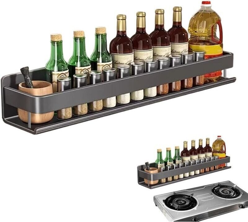 An der Wand montiertes Gewürzregal, Küchengewürzregal, 50 cm, Aluminium-Organizerhalter, Schwarz