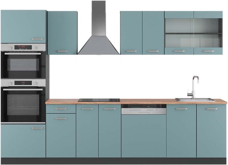 Vicco - Küchenzeile R-Line, Blau-Grau/Anthrazit, 300 cm mit Hochschrank, ap Eiche