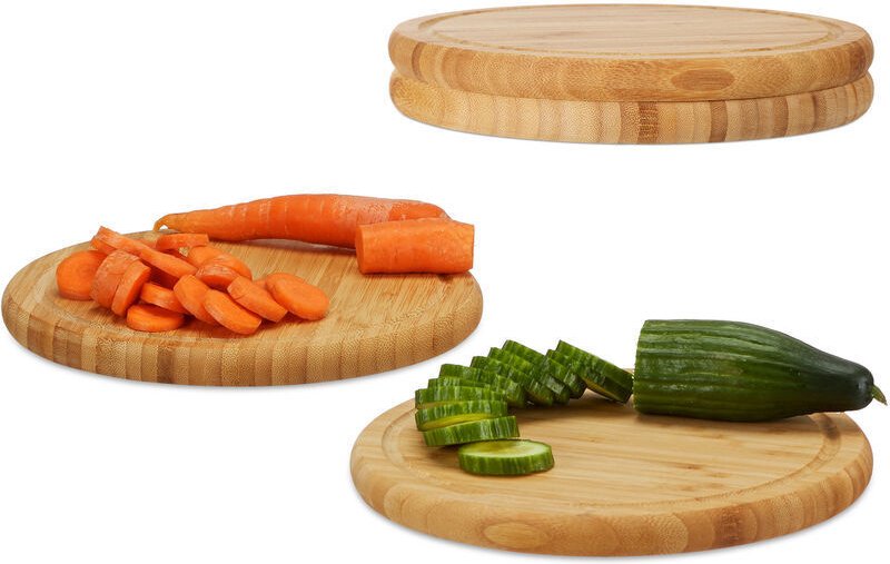 Relaxdays Bambus-Frühstücksbrett-Set, 4-teilig, 25 cm rundes Schneidebrett/Servierbrett, Natur