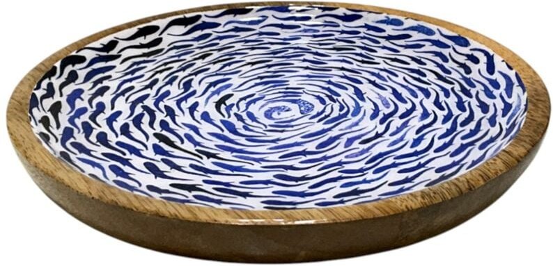 Blauer Dekoteller mit Fischmotiv für Küche und Esszimmer, ideal für maritime Wohndekoration, langlebiges Holz