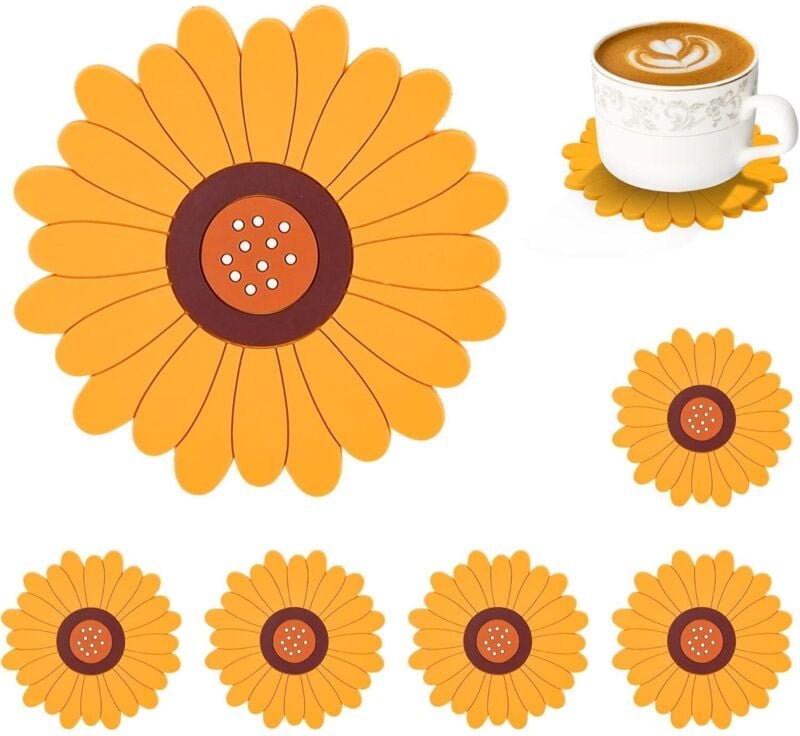 CCYKXA Silikon-Untersetzer der Blumenserie, 6er-Set, niedliche, rutschfeste, waschbare Untersetzer (gelbes Sonnenblumenm...