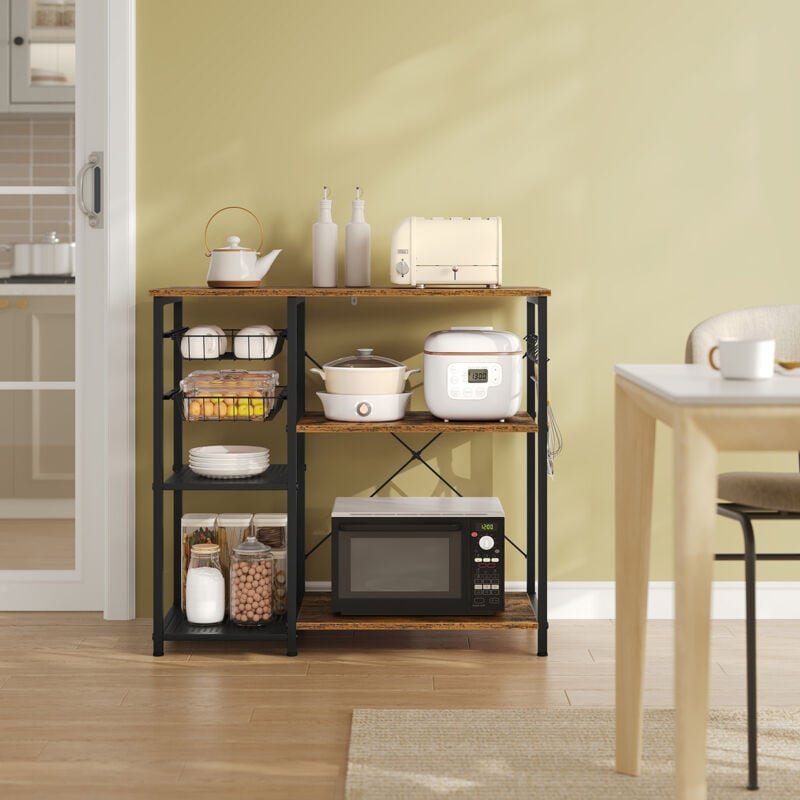 WOLTU Küchenregal Bäckerregal Standregal mit 2 Drahtkörbe 2 Drahtböden Aufbewahrungsregal mit 5 Haken, für Küche Kaffeeb...