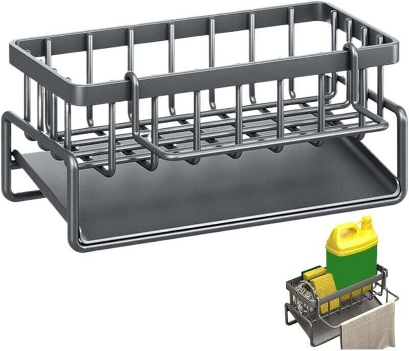 Küchenspülen-Organizer aus Edelstahl, Schwammhalter, Aufbewahrung für Küchenschwämme, Küchenzubehör mit Abtropfschale un...