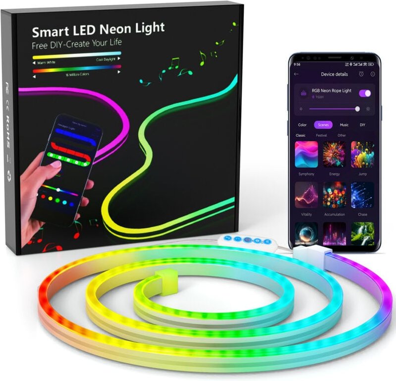 Tigrezy - Neon-LED-Streifen 1 m, RGB-LED-Streifen mit APP-Steuerung, flexibler wasserdichter, zuschneidbarer LED-Lichtst...