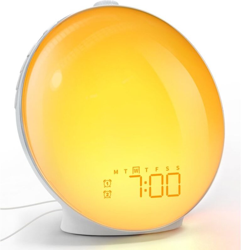 Vollbild LED-Lichtwecker mit Drehknopf, zwei Alarmen, natürlichen Geräuschen, Schlummerfunktion, UKW-Radio, 20 Helligkei...