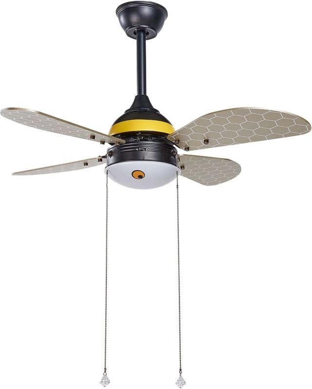 Thumbnail - Beliani - Deckenventilator Schwarz / Gelb Metall Bienen-Optik mit LED-Licht Zugschalter 4 Flügel 3 Geschwindigkeitsstufe...