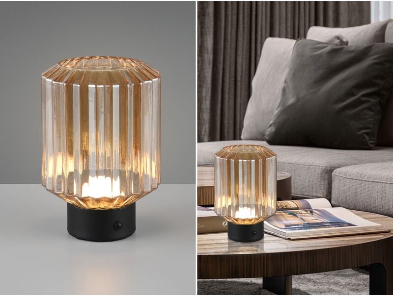 Kleine Akku Tischleuchte LORD mit Glasschirm Bernsteinfarbig, Höhe 19cm