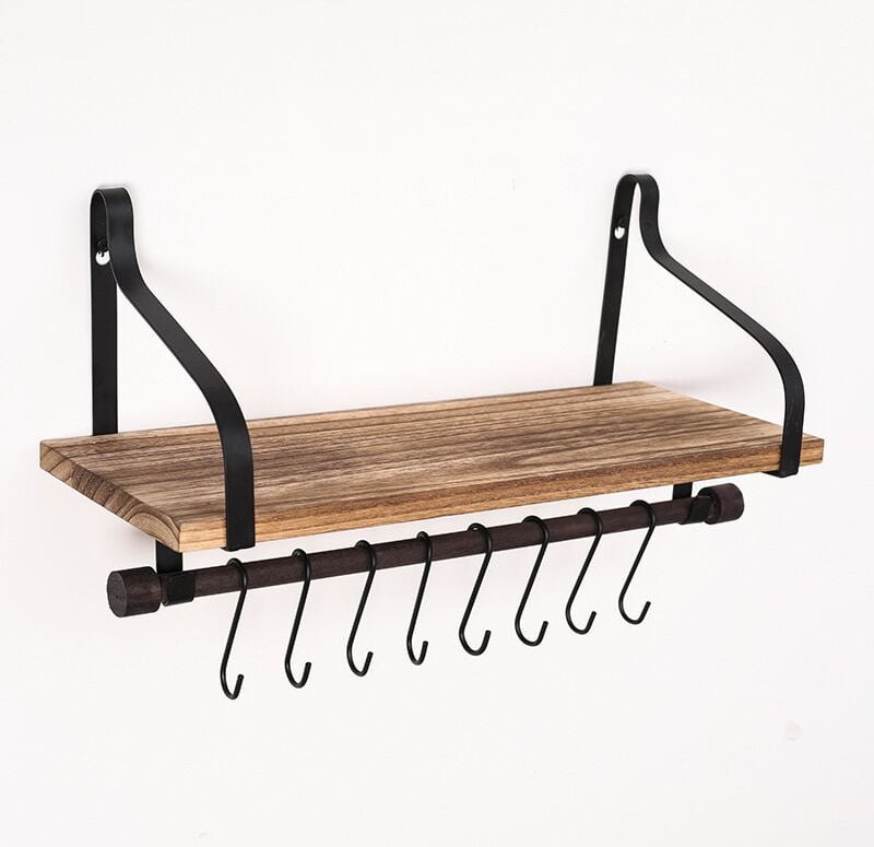 Jusch - Küchenwandregale, rustikaler Küchen-Organizer aus Holz mit Holzschiene und 8 abnehmbaren Haken zum Ordnen von Kü...