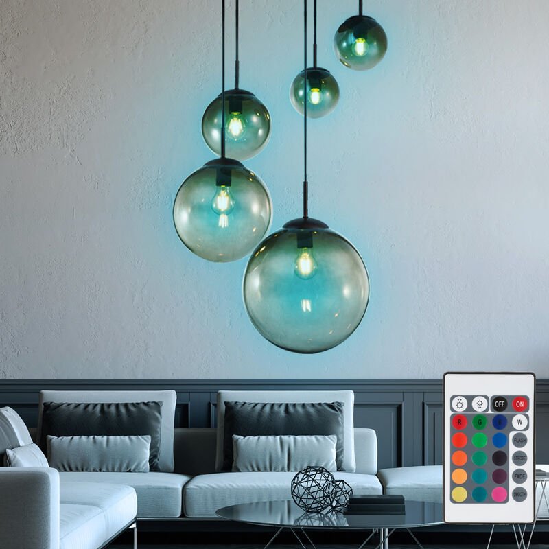 Pendel Hänge Leuchte Glas Kugel Gäste Zimmer Lampe fernbedienung im Set inkl. rgb led Leuchtmittel