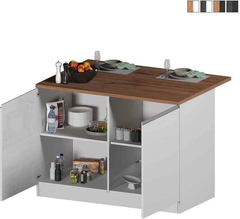 Thumbnail - Insel für moderne Küche mit 2 Türen Holztisch 125x90x90cm Deer - Weiß - Eiche