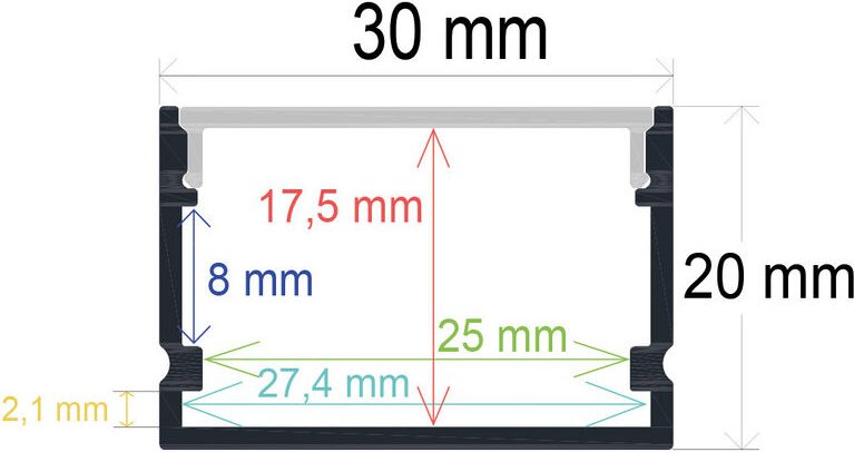 Profil Led Oberfläche 30x20mm Opal 2m 163021