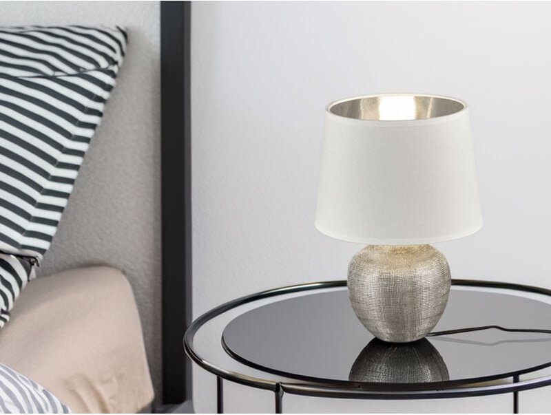 Tischleuchte luxor Keramik mit Stoffschirm Weiß / Silber, Höhe 26cm