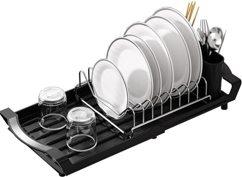 Ausziehbarer Geschirrständer, Abtropfgestell für die Arbeitsplatte, verstellbarer Geschirrständer mit Besteckhalter und ...