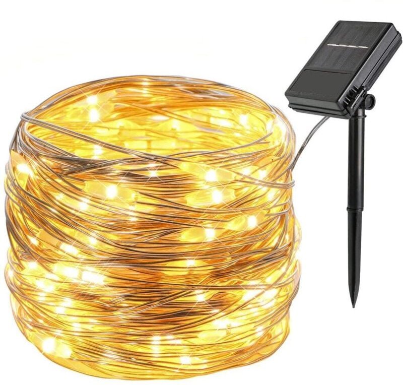 Weihnachtsbeleuchtung, 12 m, 100 LEDs, RGB, 8 Modi, IP45 wasserdicht, Batterie/Solarpanel, Warmweiß