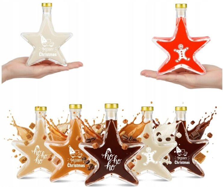 5x Weihnachtsstern-Flaschen à 200 ml mit Aufdruck für Tinkturen, Liköre, Wein