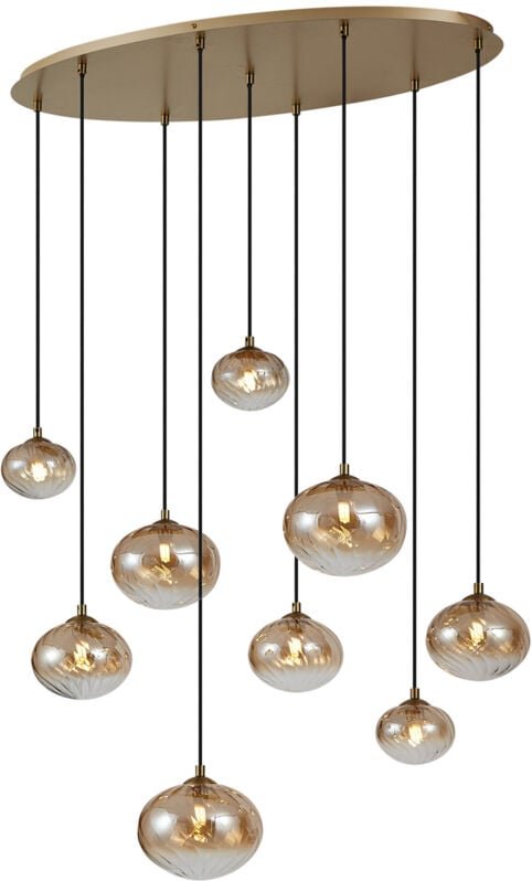Thumbnail - Art-Deco-Hängelampe Gold mit bernsteinfarbenem Glas 9-flammig - Jia