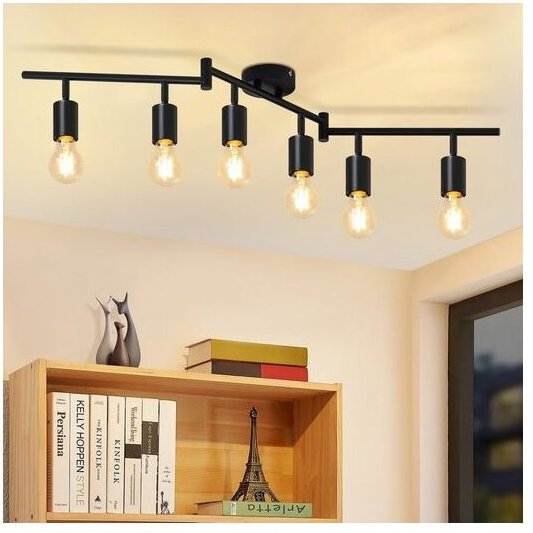 Deckenstrahler Schwarz Deckenleuchte E27 - Vintage Deckenspot 6 Flammig Deckenlampe Schwenkbar 350° Spots Industrial küc...