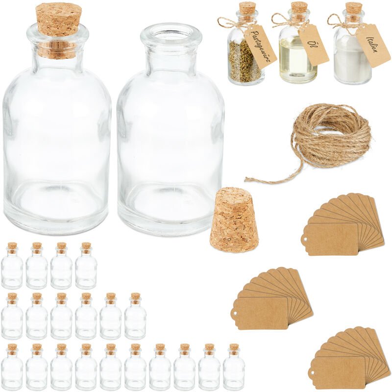 Dekogläser 25er Set, Glasflaschen mit Korken, 60 ml, zum Befüllen mit Deko, Gewürzgläser, transparent/natur - Relaxdays