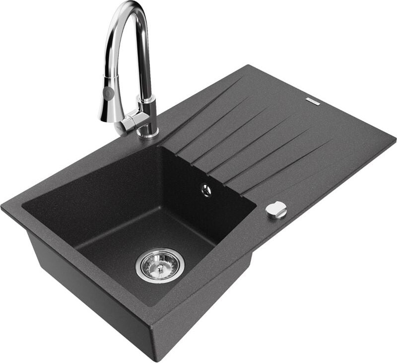 Cesar 1 Becken-Granitspüle mit Abtropffläche und Mischbatterie Elia, Schwarz gesprenkelt - 651 - Mexen