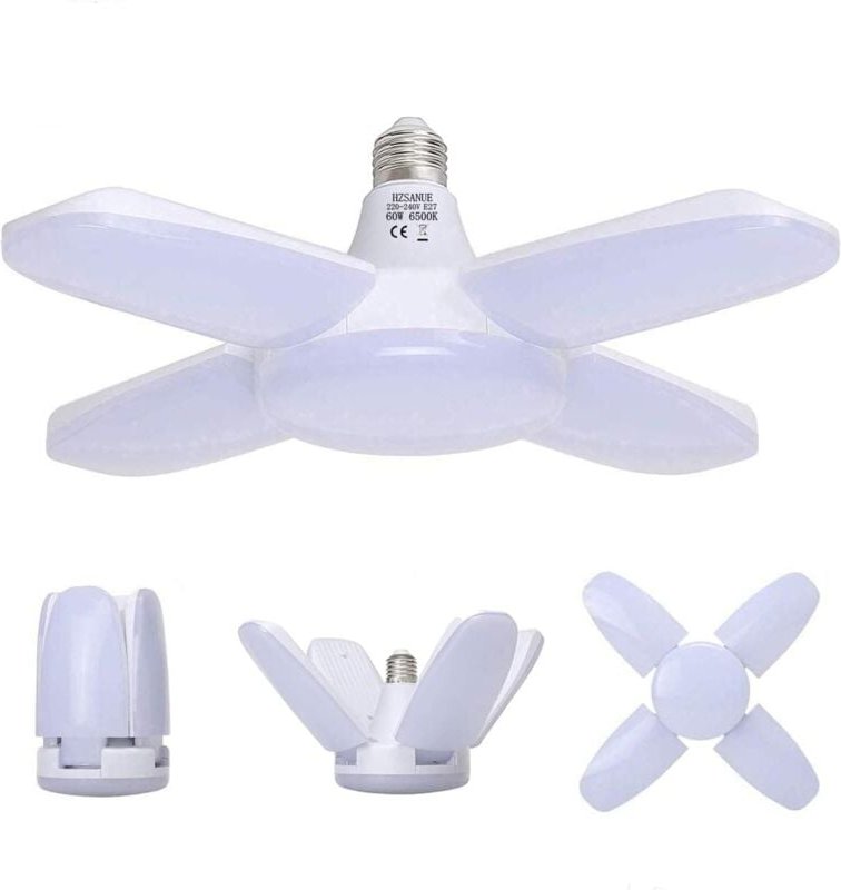 Garagenlampe E27 60W, kaltweiße Werkstattlampe 6500K 6800Lm, verformbar mit 4 verstellbaren Panels, LED-Deckenbeleuchtun...