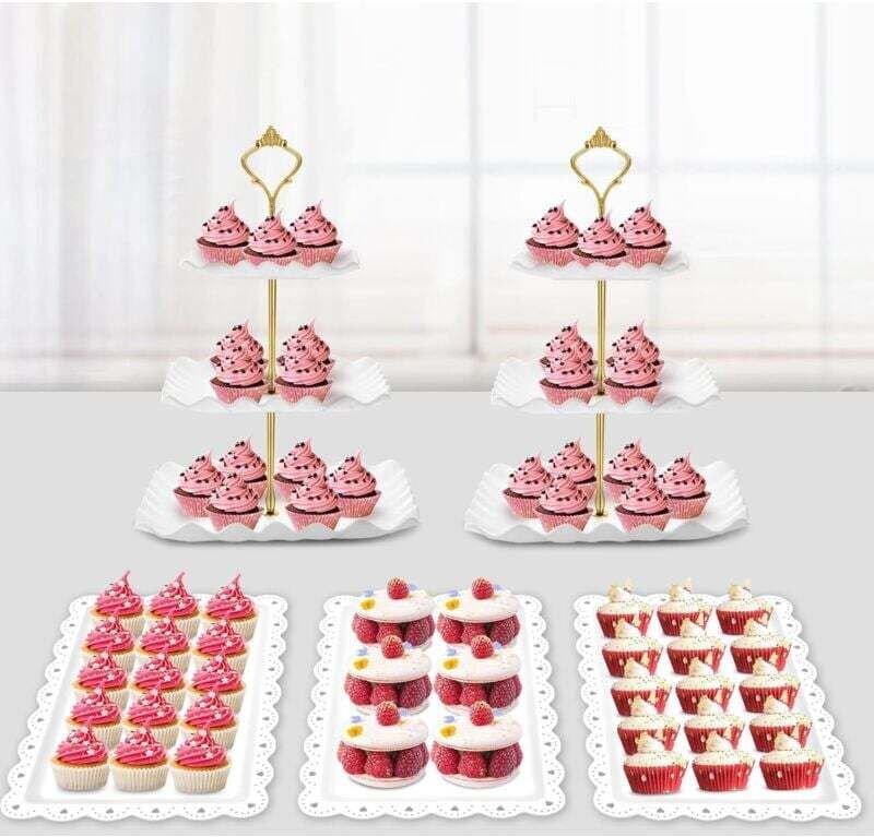 Set di alzatine per dessert da 5 pezzi: 2 porta cupcake, 3 vassoi da portata per snack, compleanni, baby shower (quadrat...