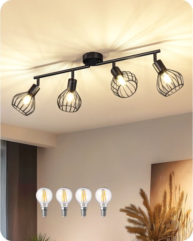 EDISHINE Deckenstrahler 4 Flammig, Deckenleuchte Schwenkbar 340° mit Metallgitter-Lampenschirm, inkl. 4 G45-Lampen