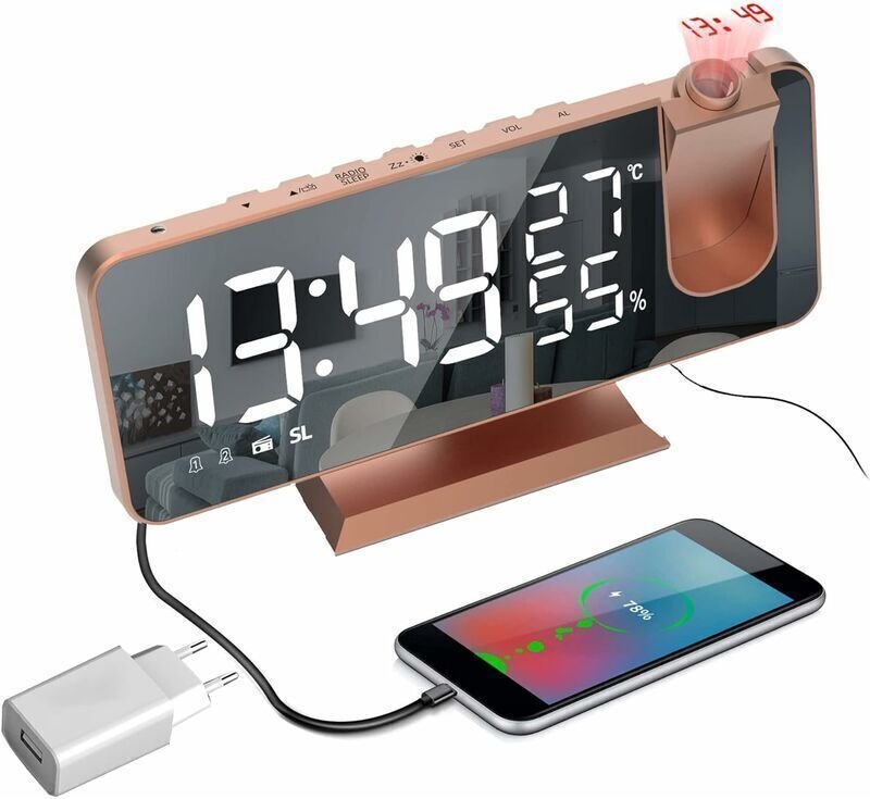 Radiowecker mit Deckenprojektion, 180°-Projektor, mit Netzteil, Digitaluhr mit 7-Zoll-LED-Spiegelbildschirm, USB-Ladefun...