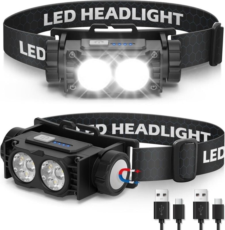 Stirnlampe 2 Stück, Ultra leistungsstarke LED-Stirnlampe 2000 Lumen, USB, Stirnlampe 3 Modi IPX5, Camping, Radfahren, La...
