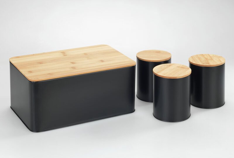 WENKO Brotkasten mit 3 Aufbewahrungsdosen, Schwarz, mit Deckel aus Bambus, Schwarz, Metall schwarz, Bambus braun