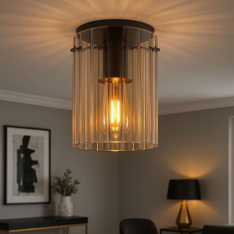 LED Deckenleuchte Retro Wohnzimmerlampe Glas gerillt Deckenlampe amber Flurlampe, 1x 7W 806Lm warmweiß, DxH 18 x 23 cm