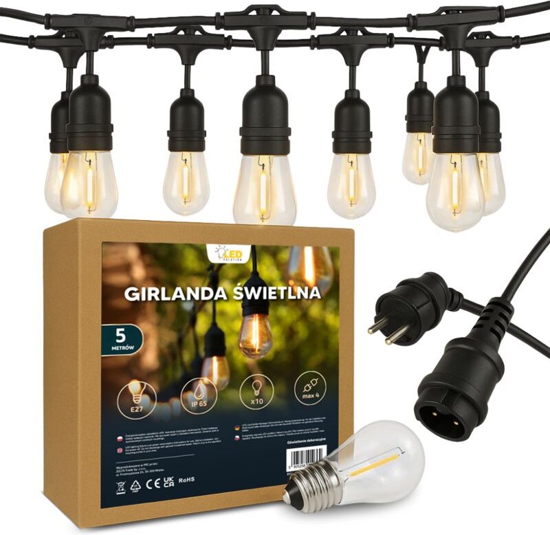 Gartenlichtgirlande 5 m x 10 E27-Glühbirnen, wasserdicht, IP65, das ganze Jahr über