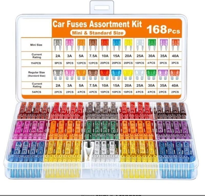 Set mit 168 Mini- und Standard-Kfz-Sicherungen (2A-40A) für Pkw, Lkw, Motorräder und Wohnmobile