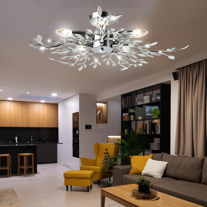Deckenlampe Blätterlampe Deckenleuchte rund Wohnzimmer chrom Deckenlampe, Metall Acrylblätter, Fassung 5x E14, DxH 71x16...