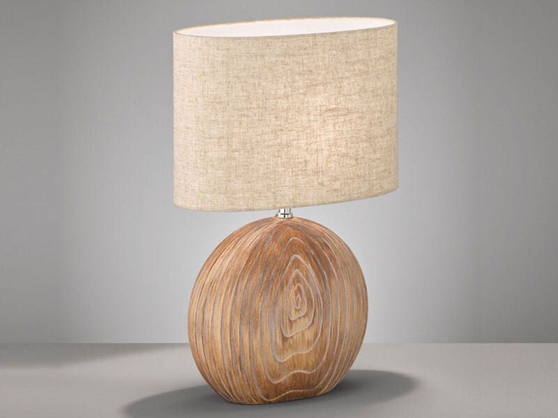 Meinewunschleuchte - led Tischlampe mit Keramikfuß Holzfarben & Lampenschirm Leinen Beige, Höhe 53cm