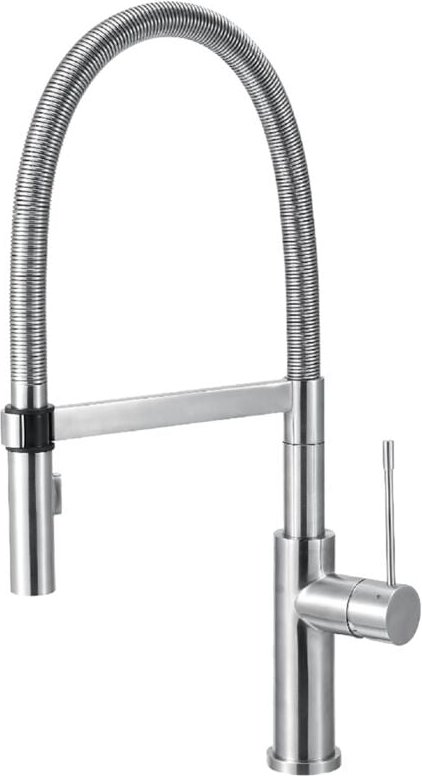 Quellmalz - Einhebelmischer mit Brauseschlauch mit Metallfeder - Edelstahl matt gebürstet, Hochdruck