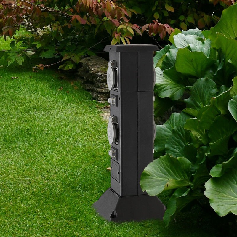 Wetterfeste Steckdose IP44 Stromsäule Garten Vierfachsteckdose Außen, schwarz, max. 3680 Watt 16A, LxBxH 16x16x40, Terra...