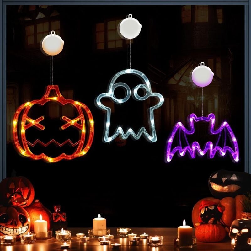 3er-Pack Halloween-Fensterlichter, batteriebetriebene Kürbis-/Geister-/Fledermaus-Lichterketten mit Saugnapf, Halloween-...