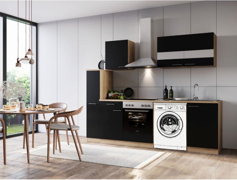 Thumbnail - Küche Küchenzeile für Unterbau Waschmaschine Eiche Schwarz Merle 250 cm Respekta