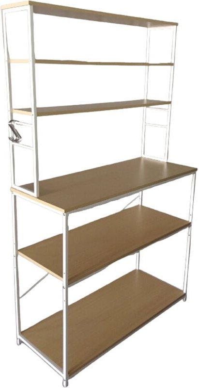 Thumbnail - Relaxdays Küchenregal, 6 Ablagen inkl. Küchenarbeitsplatte, HBT 167 x 100 x 40 cm, offenes Mikrowellenregal, natur/weiß