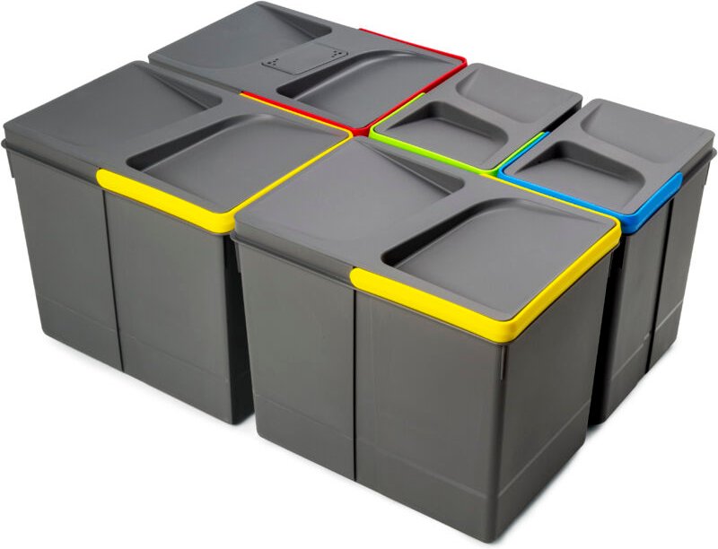 Emuca Recycle-Küchenschubladenbehälter mit geruchsdichtem Deckel, Höhe 266, 3x15l, 2x7l, Kunststoff anthrazitgrau