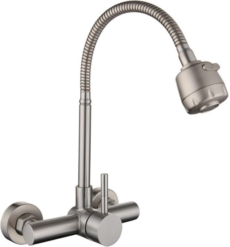 Küchenarmatur aus Edelstahl 304, Wandmontage, 360° schwenkbarer Auslauf, mit Schlauch – gebürstet Ymyny