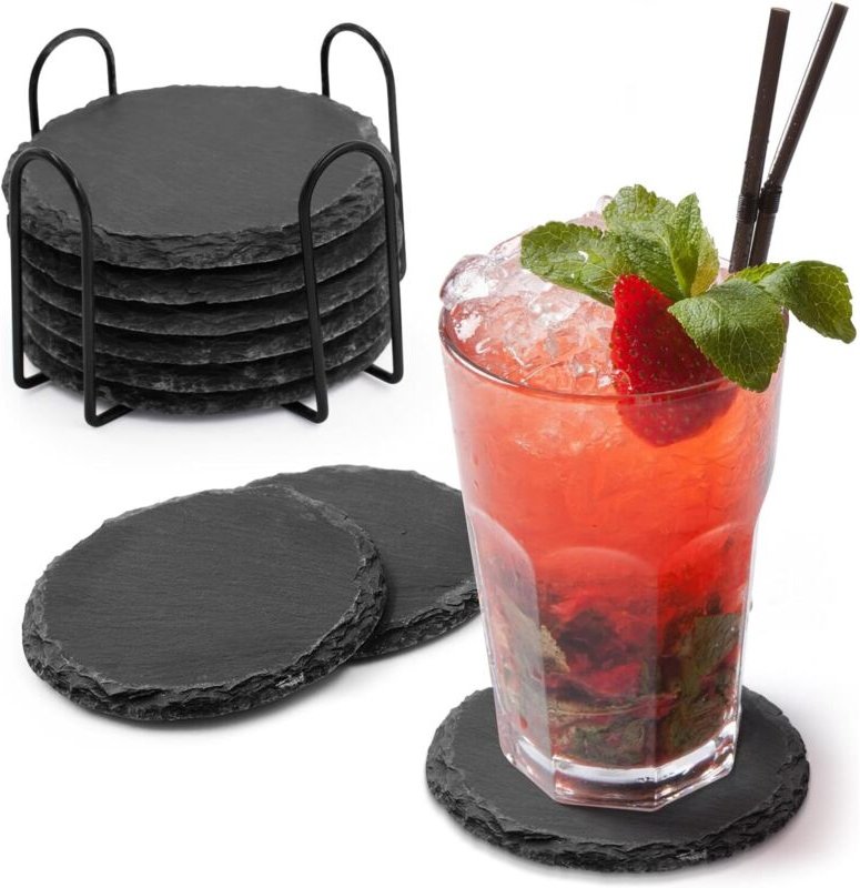 Set mit 8 Schieferuntersetzern – Hochwertige schwarze Untersetzer mit eleganten Becherhaltern, langlebig und saugfähig, ...